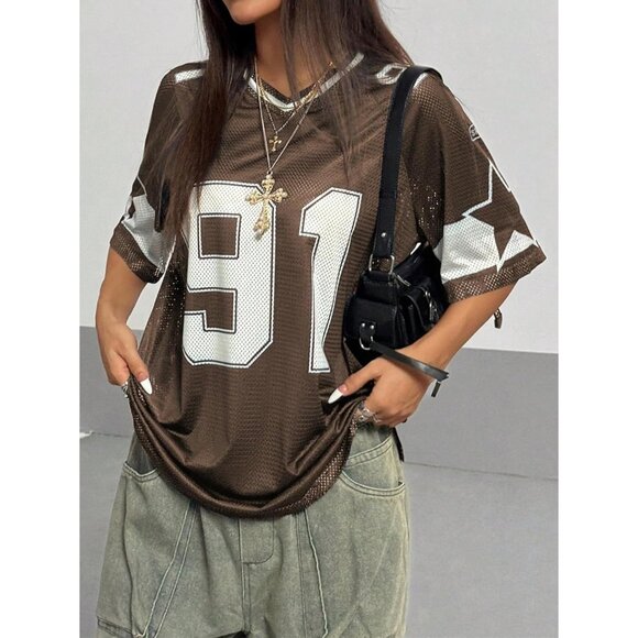 Women's Graphic Football Jersey Top V Neck Short Sleeve Loose Streetwear - Picture 4 of 5
